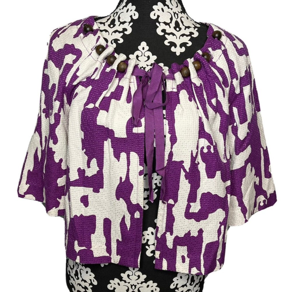 trina turk silk blend cape cardigan poncho 6 purple Brown beaded cropped Open